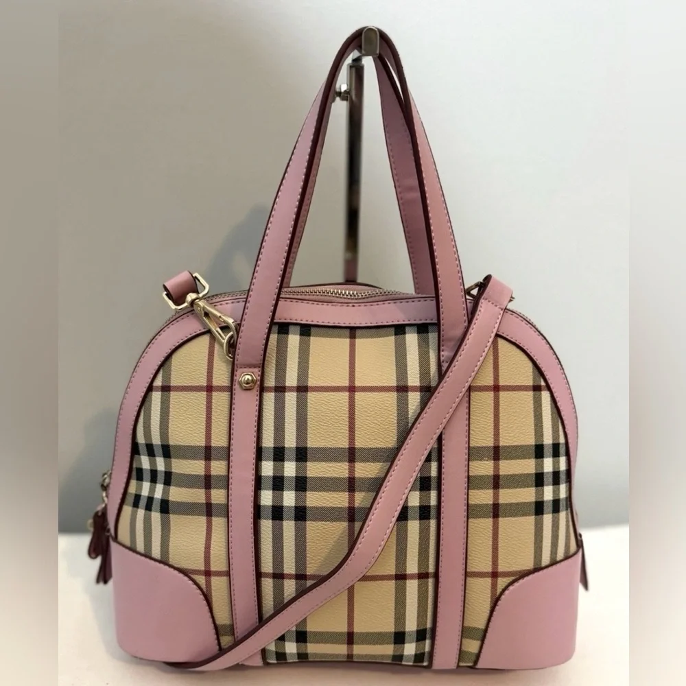 Plaid Dome Satchel Shoulder Bag Coated Canvas Pink Faux Leather Trim